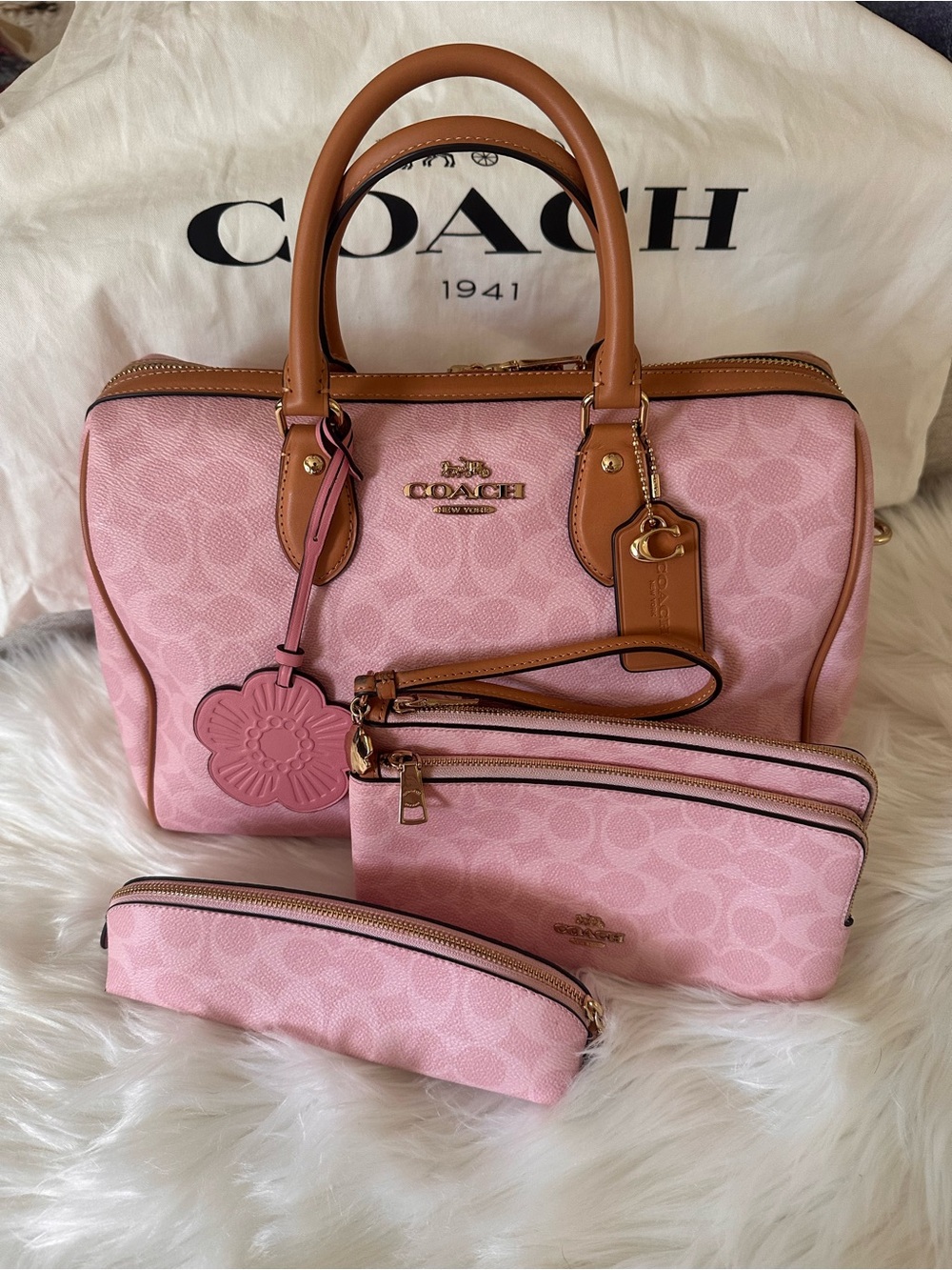 COACH Rowan Large Satchel in Powder Pink with Pencil Case & Wristlet Wallet